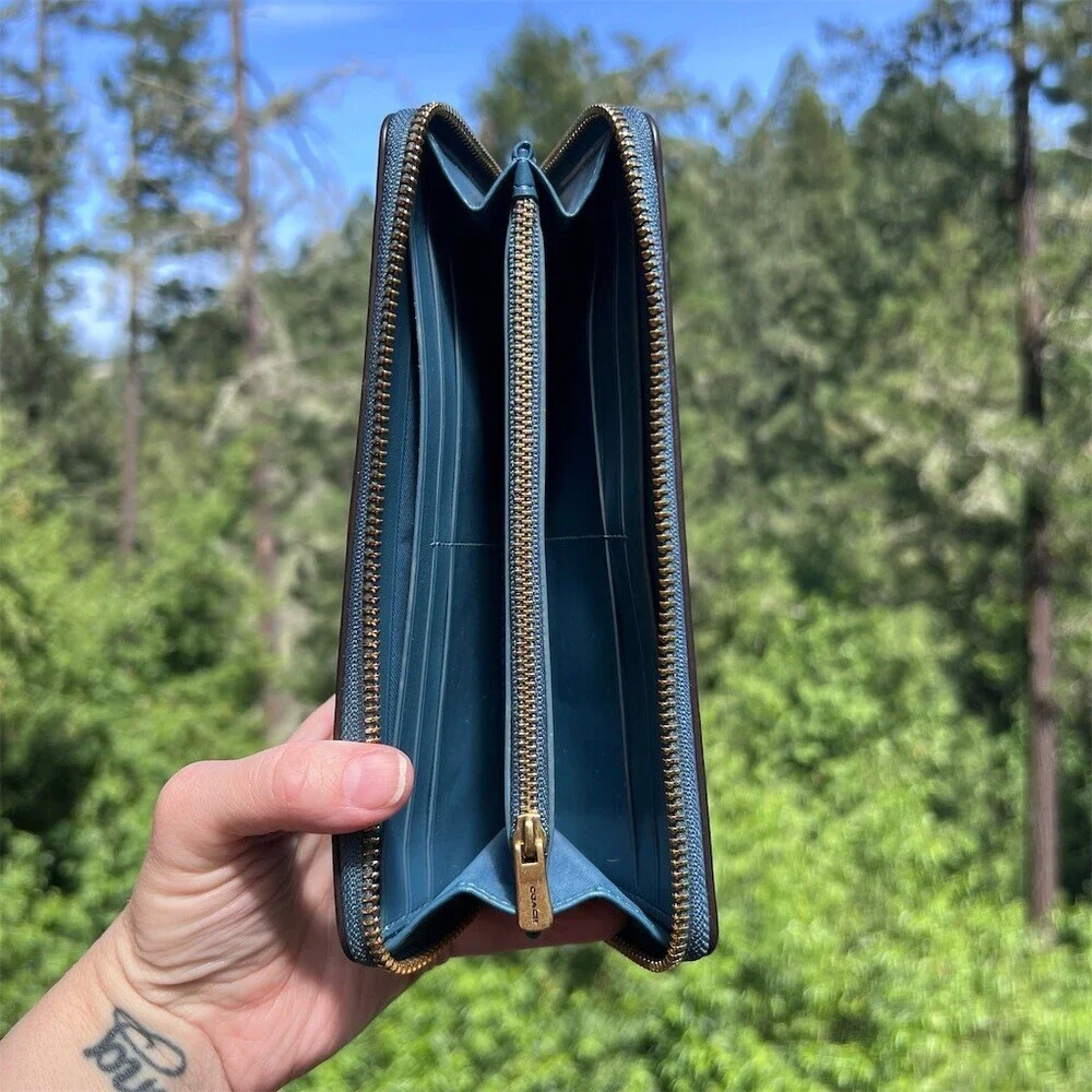 COACH Long Zip-Around Wallet Blue Smooth Leather with Brassy Gold Logo Hardware